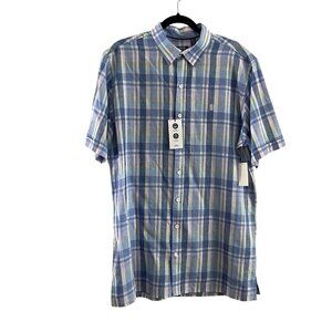 Izod Men's L/Tall Cornflower Blue Plaid Linen Short Sleeve Button Up Shirt NWT